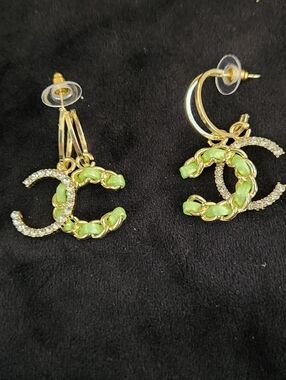 NEW Gold Hoop Earrings with Light Green Enamel Link Detail Costume Jewerly